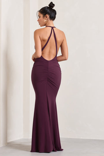 Idol Burgundy Halter-Neck Split Maxi Dress